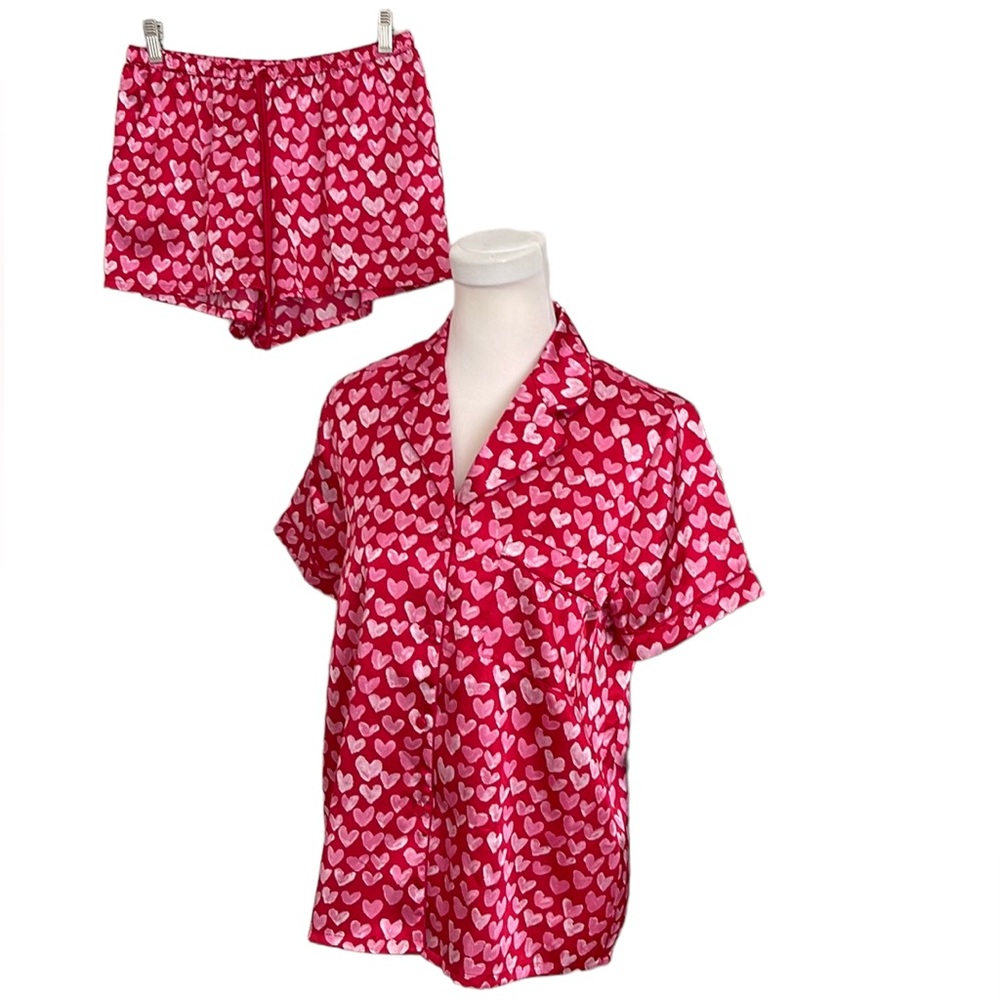 In Bloom Jonquil silky satin hearts shorts blouse pajamas